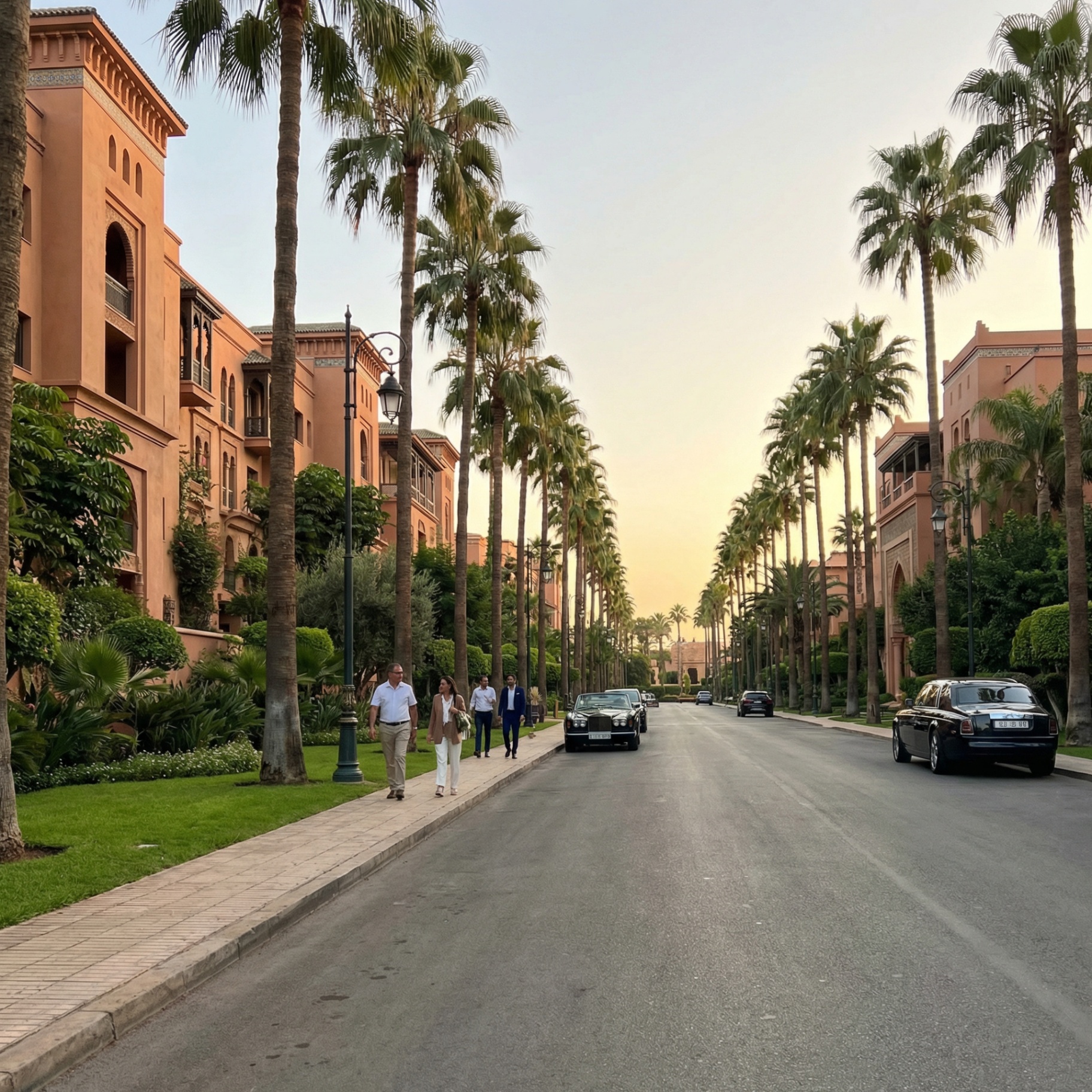 Avenue bordée de palmiers dans le quartier de l’Hivernage à Marrakech